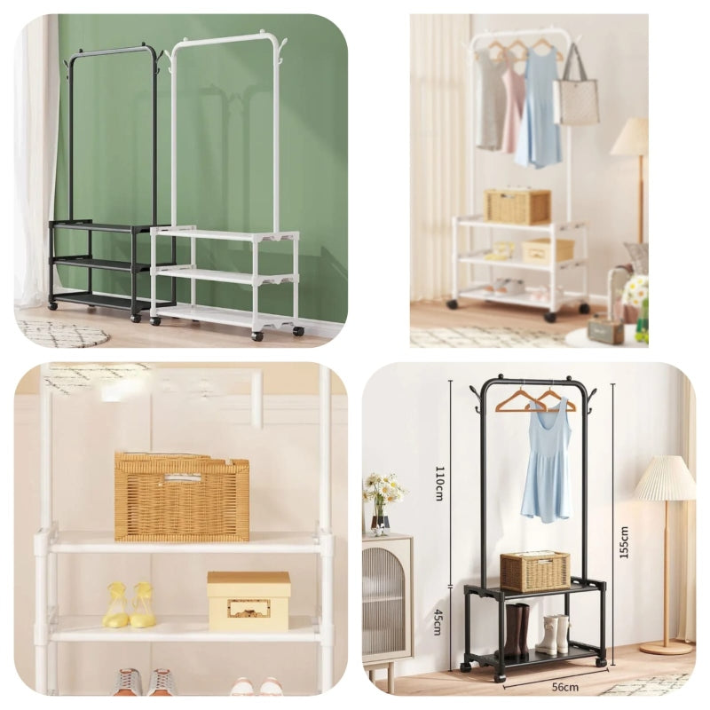 Metal coat stand with shoe rack, clothes rack hanging rail