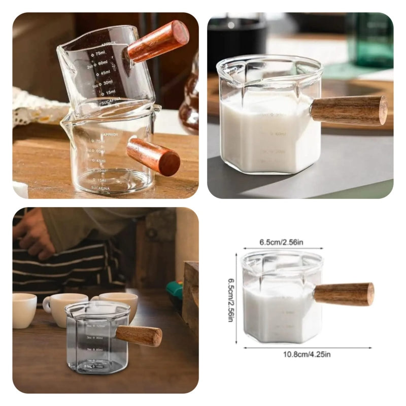 Double spout milk cup with wooden handle