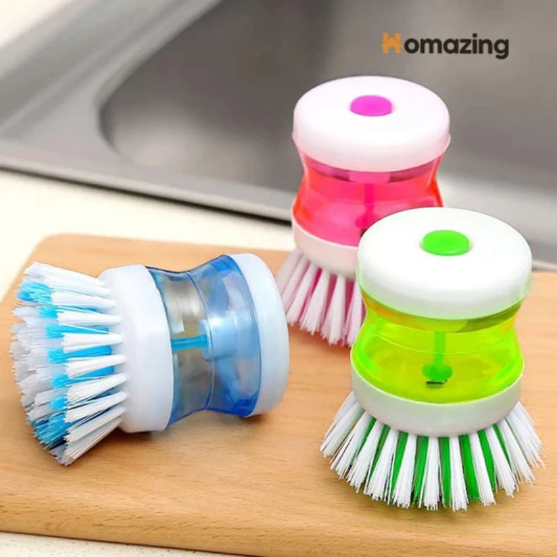 Dish washing brush with liquid dispenser storage stand