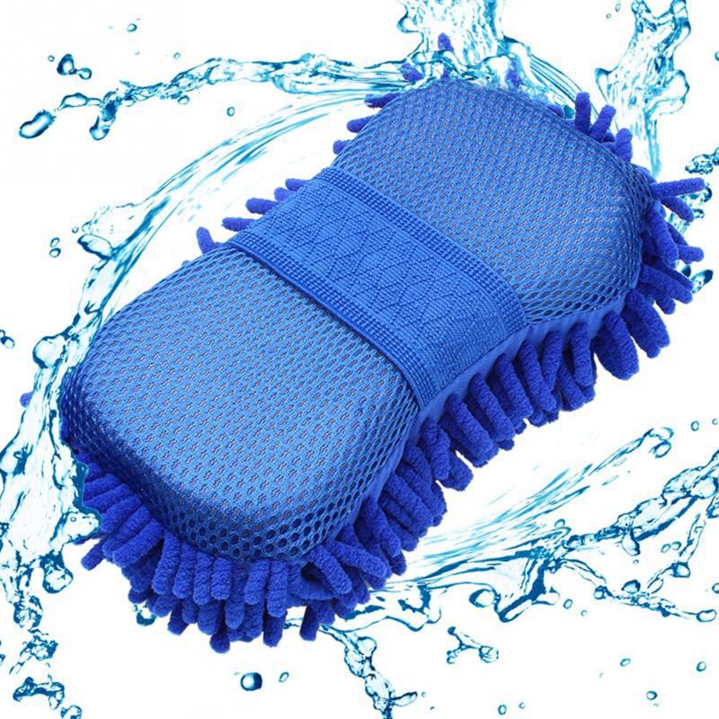 Blue microfiber cleaning pad with water splashes in the background