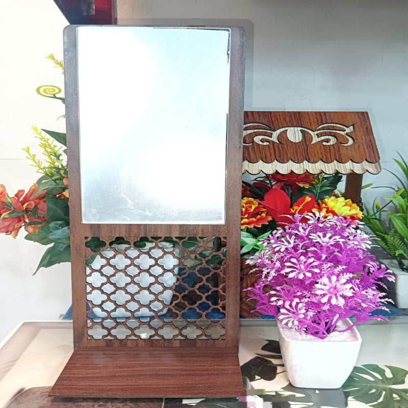 Wooden Frame Acrylic Mirror Shelf With 1 Pc of flower pot