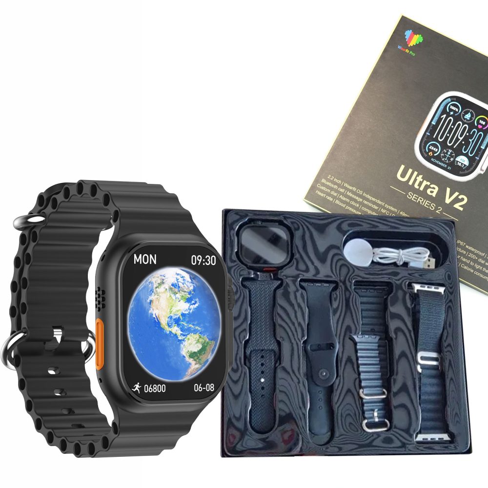 Black smartwatch with display, packaging, and accessories on a white background