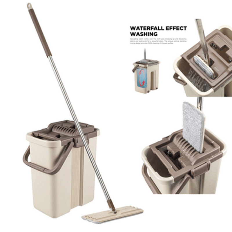 Self-wash and squeeze dry flat mop & bucket kit