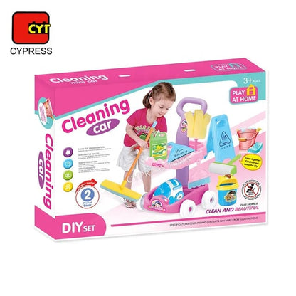 kids cleaning car with accessories