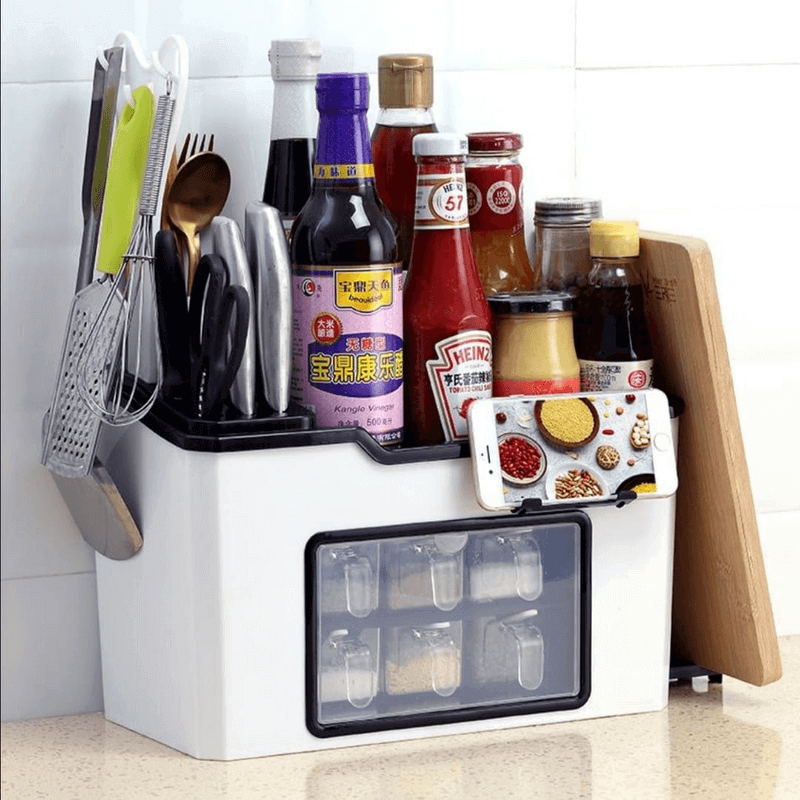 Multi-function kitchen rack condiment storage box