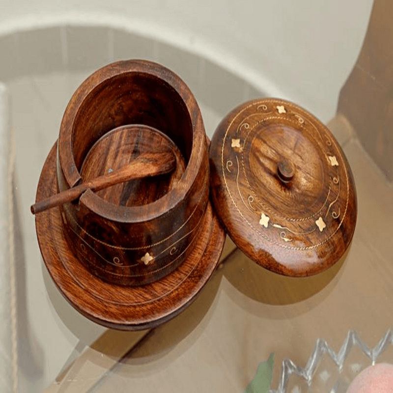 Wooden sugar pot brass engraved