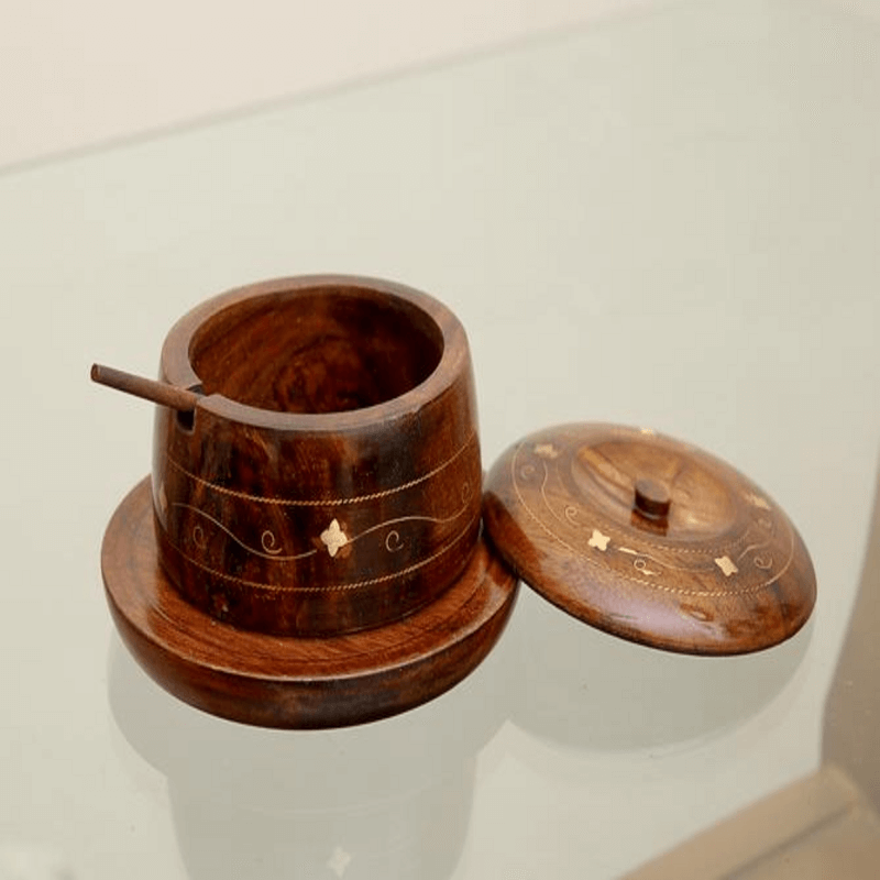Wooden sugar pot brass engraved