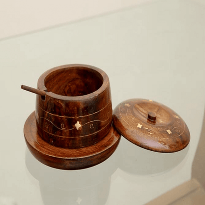 Wooden sugar pot brass engraved