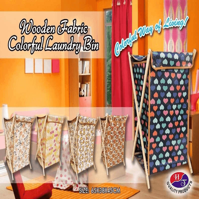 Wooden fabric laundry bin - multicolours