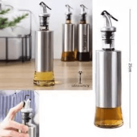 Oil bottle for kitchen made of glass with steel cover body