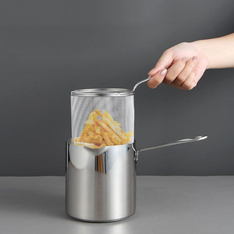 Stainless steel frying pan with strainer basket and handle