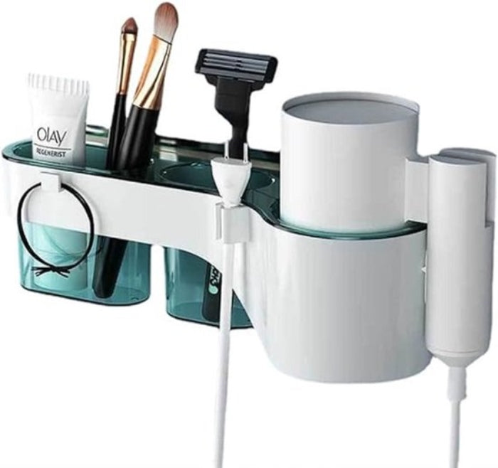 Multifunctional punch free wall mounted hair dryer storage holder