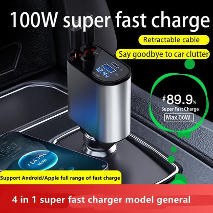 Fast USB C Retractable Car Charger LED digital display