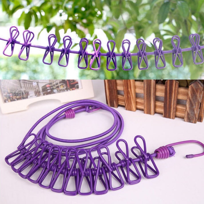 Portable Elastic Rope Washing Line With 12 Clips