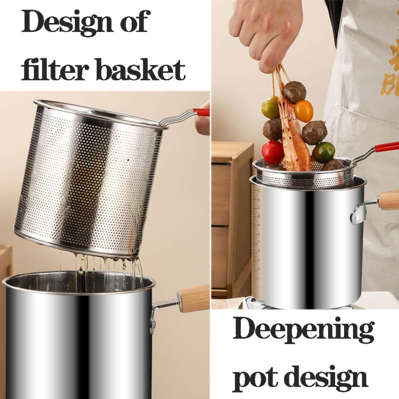 Stainless steel frying pan with strainer basket and handle