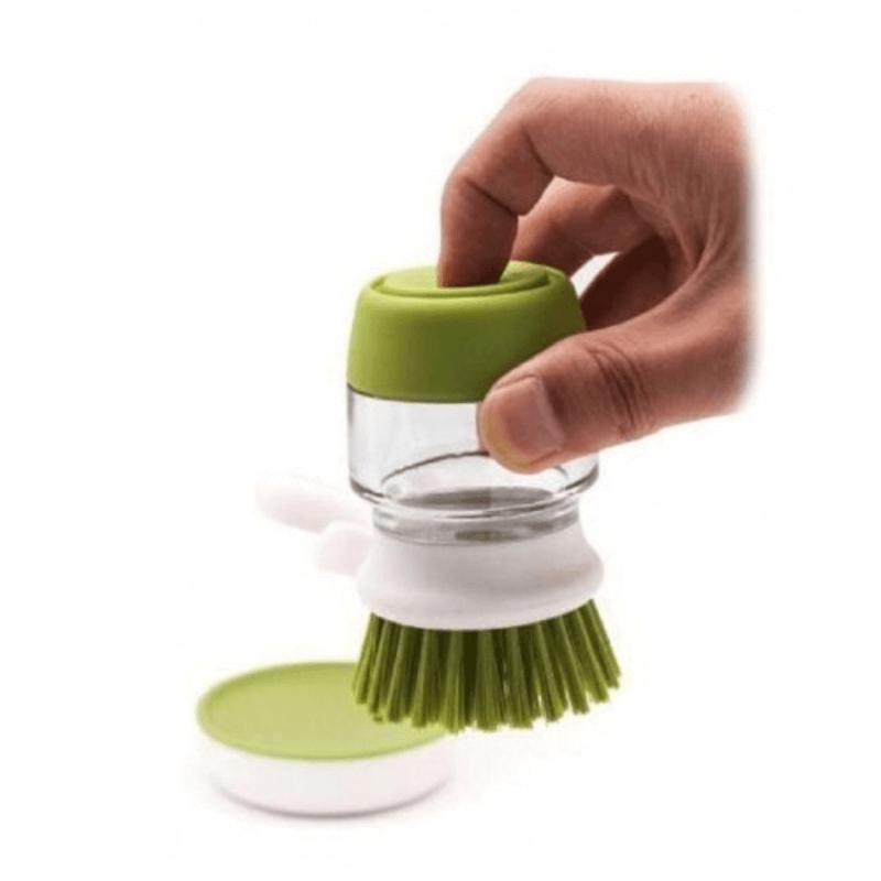 Dish washing brush with liquid dispenser storage stand