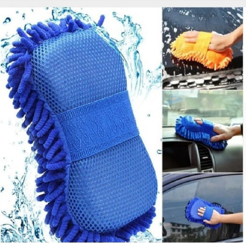 Blue cleaning glove with chenille texture, used for car washing, on a white background.