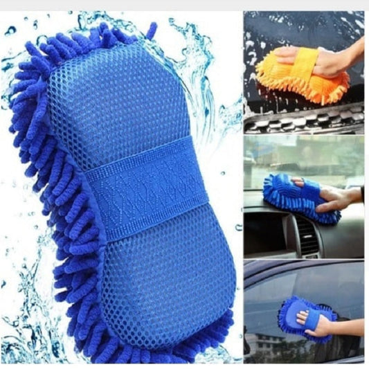 Blue cleaning glove with chenille texture, used for car washing, on a white background.