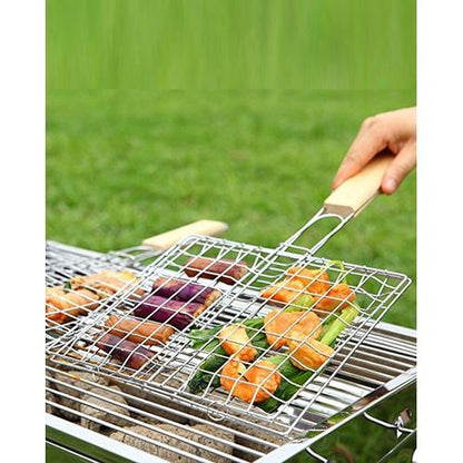 Chrome plated barbecue grill net basket + wood handle medium