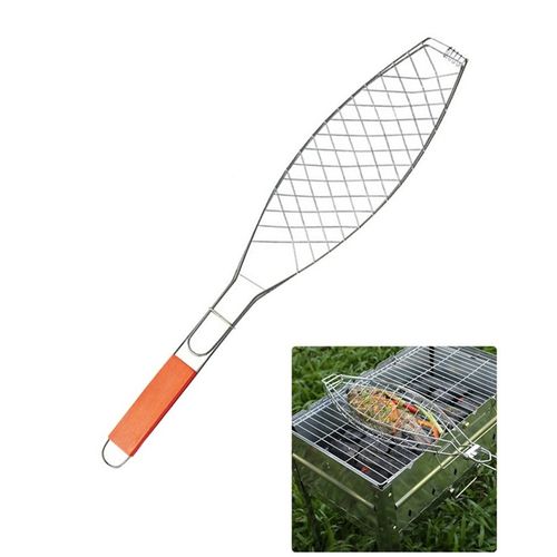 Fish grill basket + outdoor barbecue grill clip +wood handle