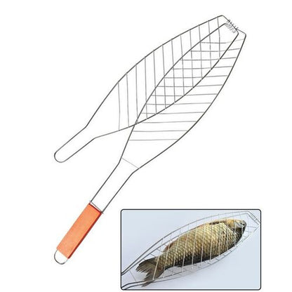 Fish grill basket + outdoor barbecue grill clip +wood handle