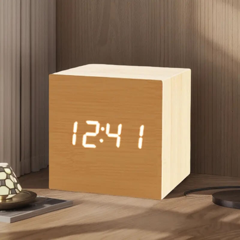 Wooden led alarm clock with voice control