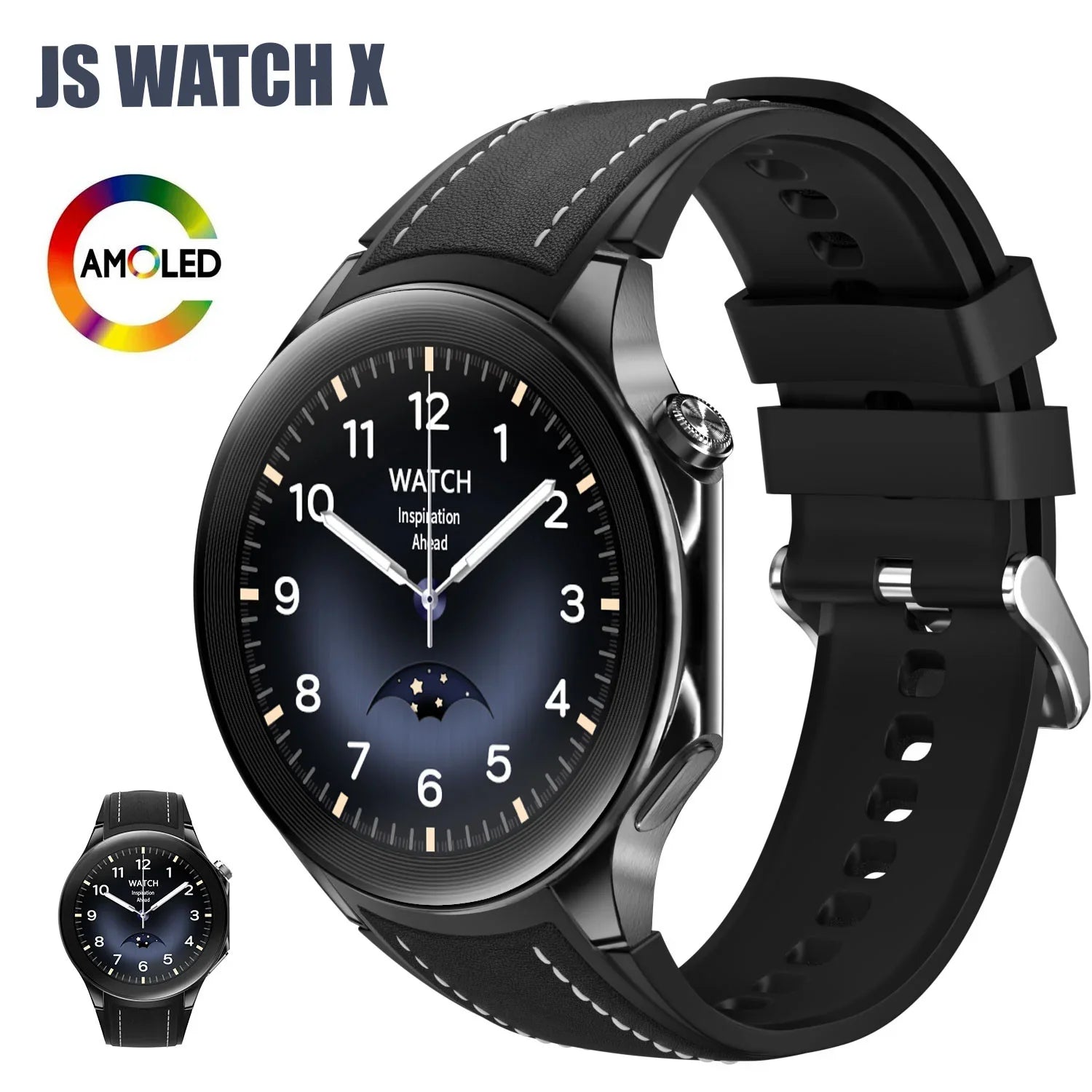 Black smartwatch with AMOLED display and 'JS WATCH X' branding on a white background.