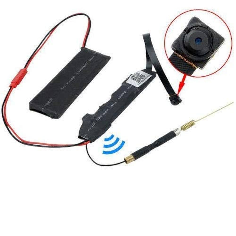 Electronic device with camera module, battery, and antenna on a white background