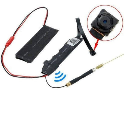 Electronic device with camera module, battery, and antenna on a white background