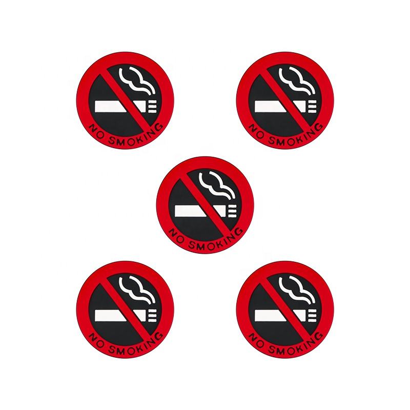 Five no smoking signs with red borders and black backgrounds on a white background.