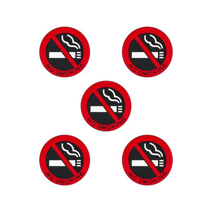 Five no smoking signs with red borders and black backgrounds on a white background.