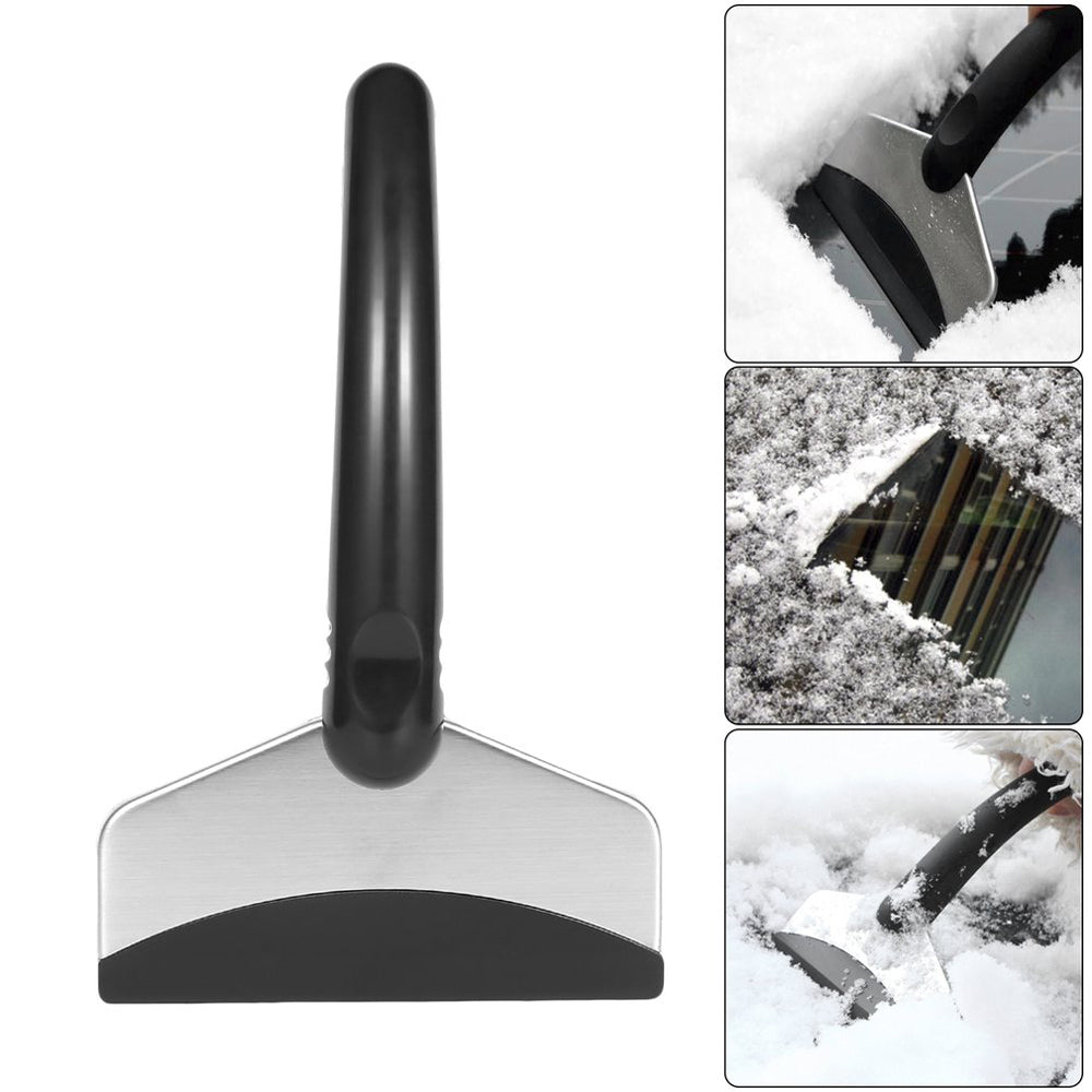 Snow scraper with black handle and blade, shown in use on a white background.