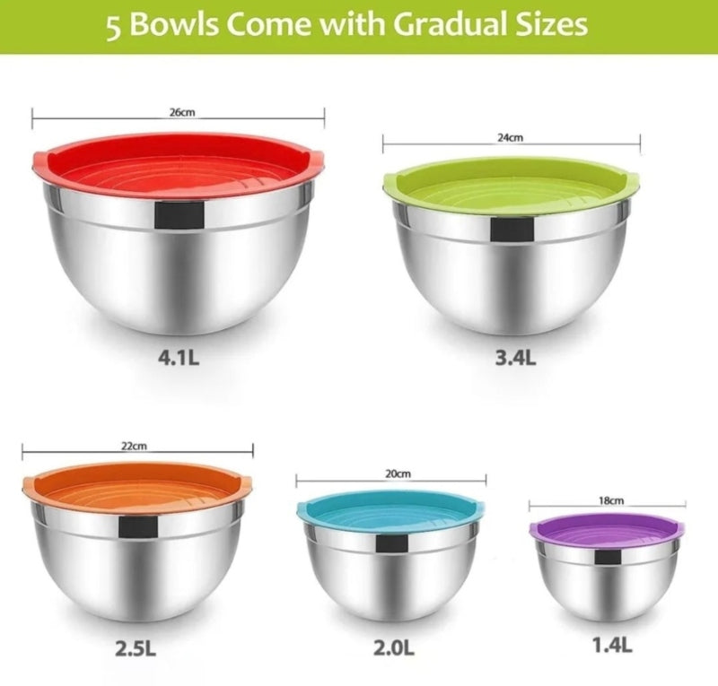 Stainless steel metal nesting salad bowl with lid 5 pcs