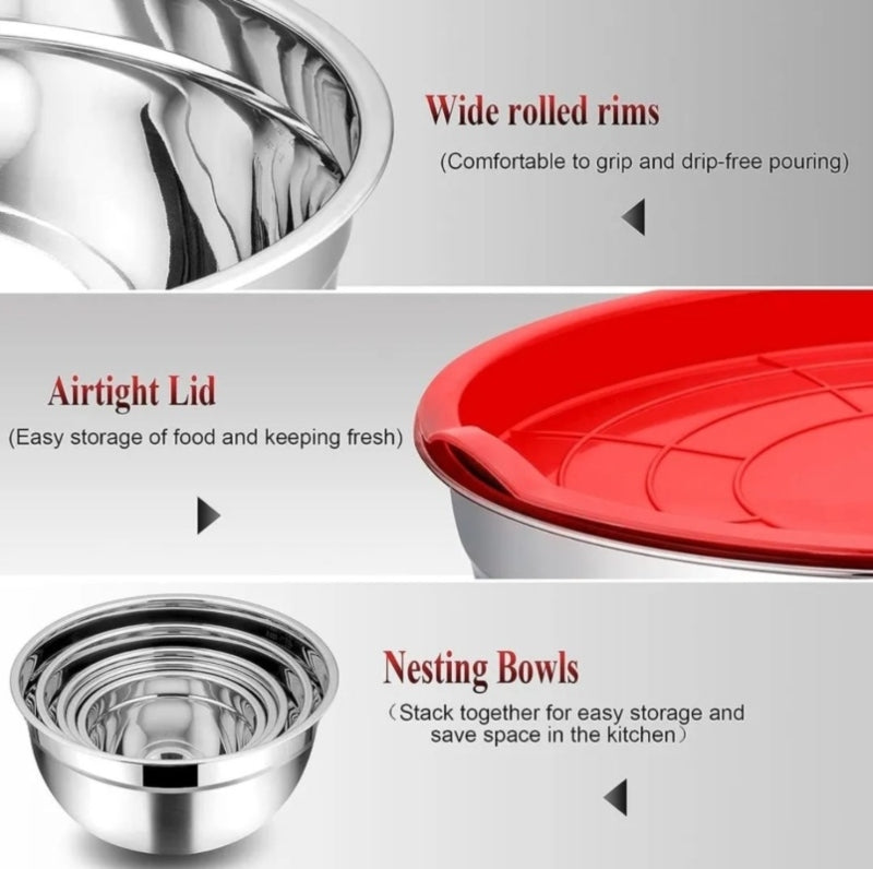 Stainless steel metal nesting salad bowl with lid 5 pcs