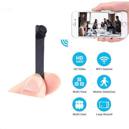 Small camera held by a finger with smartphone displaying video feed, surrounded by feature icons on a white background.