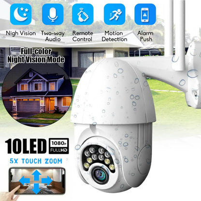 Outdoor security camera with features like night vision, two-way audio, remote control, motion detection, and alarm push displayed on a house background.