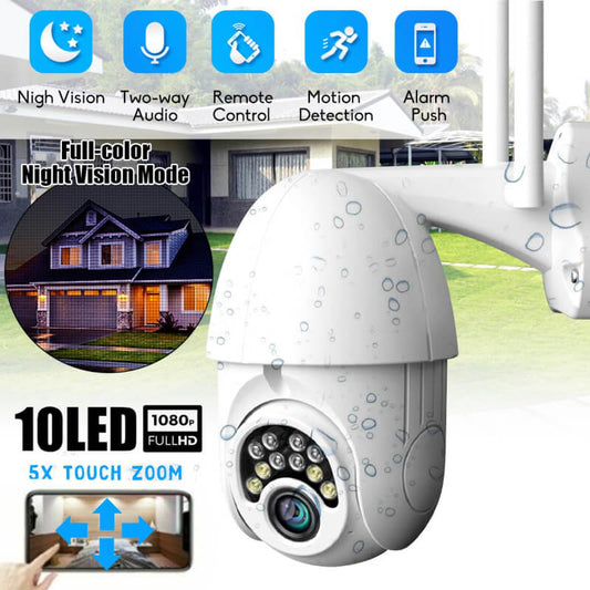 Outdoor security camera with features like night vision, two-way audio, remote control, motion detection, and alarm push displayed on a house background.
