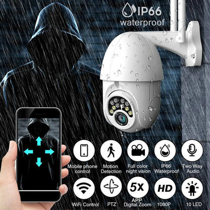 IP66 waterproof security camera with smartphone app control in a rain scene