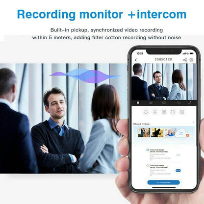 Smartphone displaying video call interface with people in a room, featuring text about recording monitor and intercom.