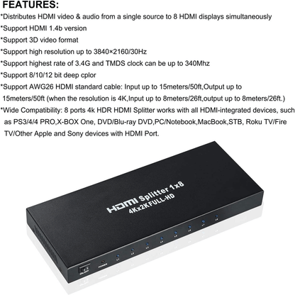 1 in 8 powered 4k hdmi splitter with charger