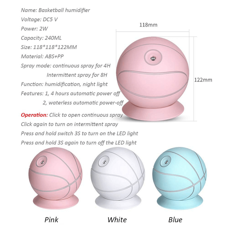 Rotatable basketball shaped air humidifier 240ml