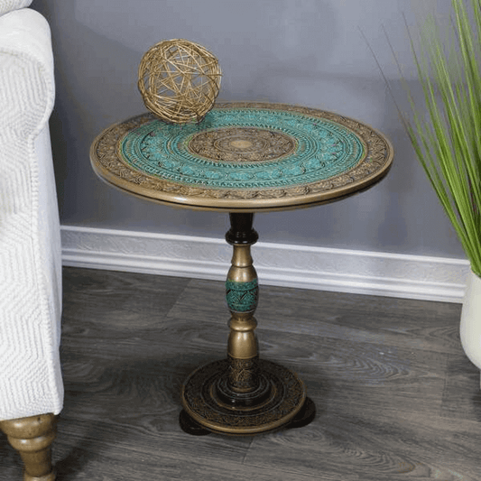 Natural rosewood round accent table turquoise