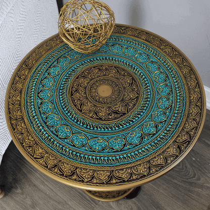 Natural rosewood round accent table turquoise