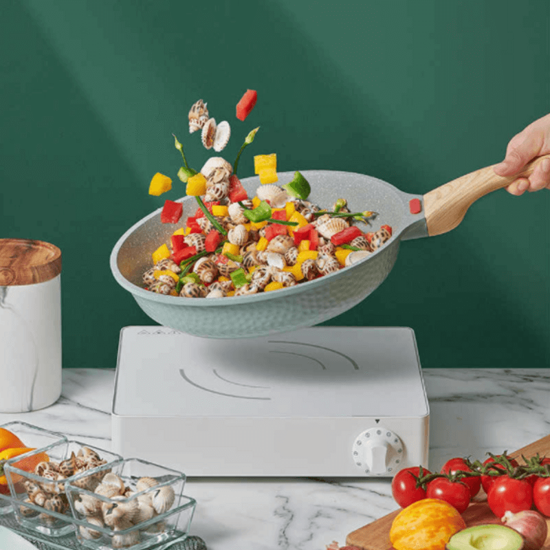 Nonstick frying pan with wooden handle