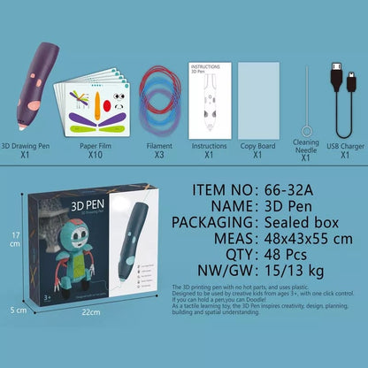 Kids 3d pen with usb , rechargeable