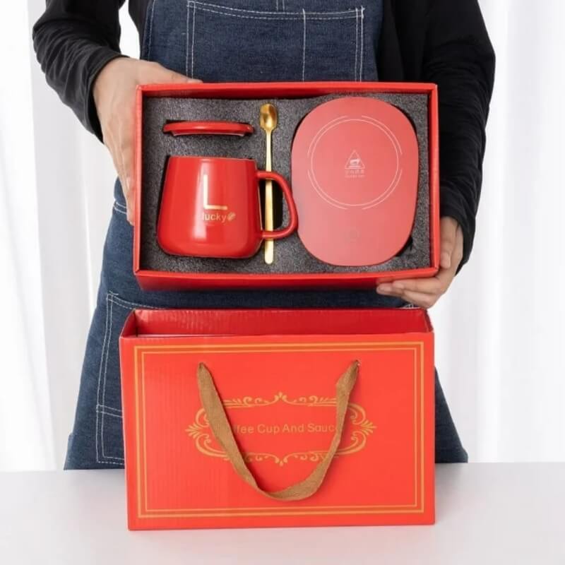 Ceramic mug red color with temperature control plate