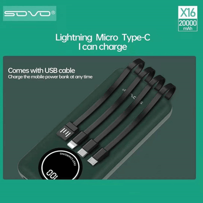 Sovo x16 20000 mah power bank with built in cables