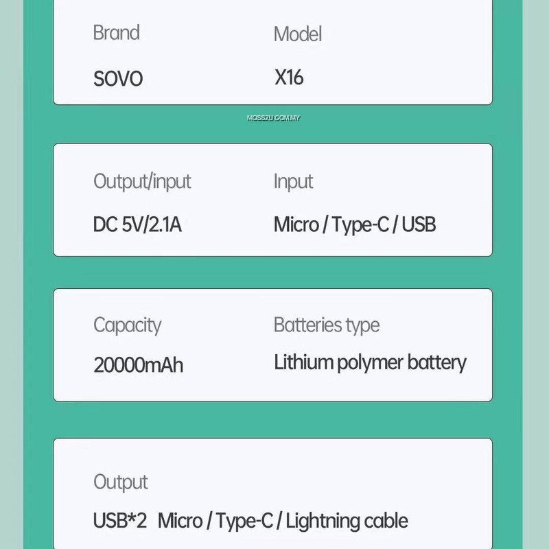 Sovo x16 20000 mah power bank with built in cables