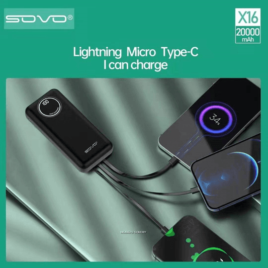 Sovo x16 20000 mah power bank with built in cables
