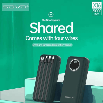Sovo x16 20000 mah power bank with built in cables